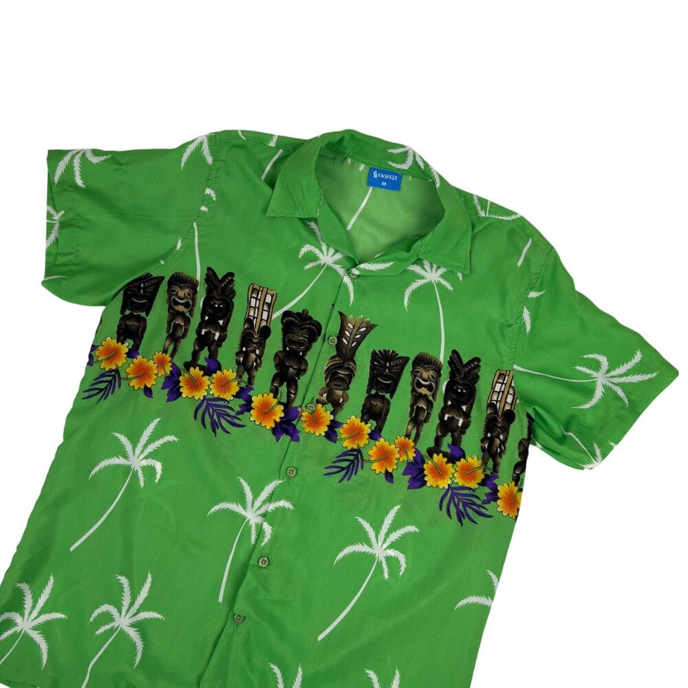 OnShore Hawaiian Shirt Mens Size Medium Green Tiki Statues Tropical Palm Trees S - Picture 3 of 11